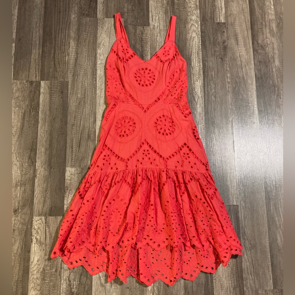 Japna Vibrant Coral Eyelet Midi Dress